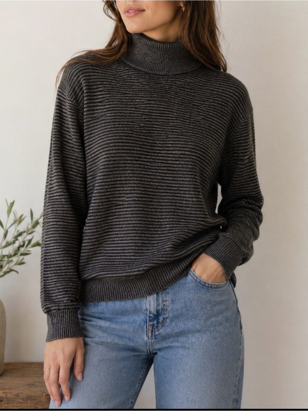 VTG POLO RALPH LAUREN M 100% Italian Wool grey striped woman turtleneck gorpcore